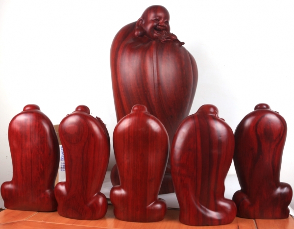 红花梨五福临门雕像一套五尊