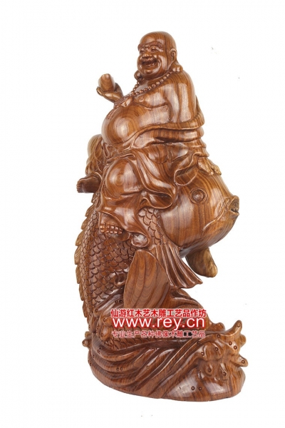 年年有余弥勒佛绿檀木雕像装饰品摆件